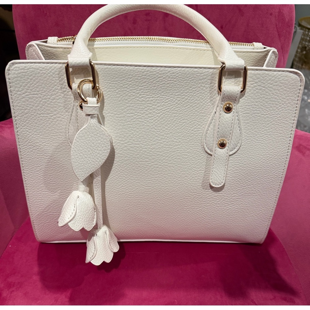 White Pebbled Tote with Floral Tassel Charm